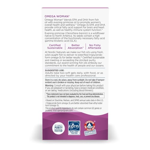 Nordic Naturals Omega Woman, Lemon - 120 Soft Gels - 500 mg Omega-3 + 800 mg Evening Primrose Oil - Healthy Skin & Optimal Wellness - Non-GMO - 60 Servings