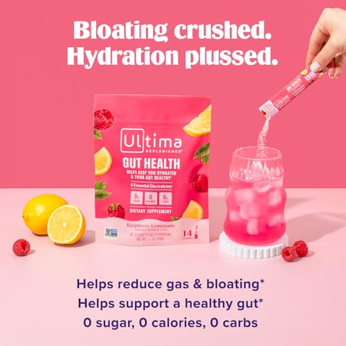 Ultima Replenisher Gut Health Supplement and Electrolytes Powder - Raspberry Lemonade, 14 Stickpacks - Hydration Packets with Added Gut Health Benefits