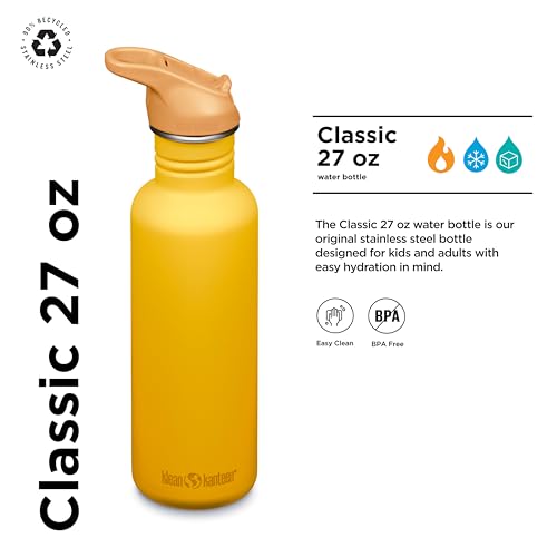 Klean Kanteen 27 oz Classic Water Bottle with Flip Seal Sport Cap & Straw - 100% Leakproof Spout & Cap - Durable, BPA-Free & Stainless Steel Material - Easy-Sip Water Bottle - Sunset