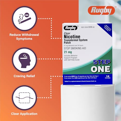 Rugby Clear Nicotine Patches - Transdermal System Patch - Smoking or Vaping Quitting Aid - Step 1-21mg - 14 Count (1 Pack)