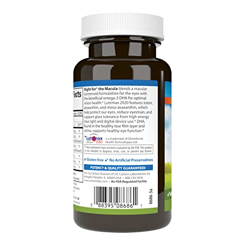 Carlson - Right for The Macula, Clinically Proven to Support Vision Health, Macular Health, Blue Light Protection & Eye Function, 60 Softgels