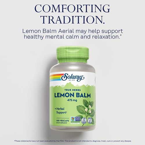 SOLARAY Lemon Balm Aerial 475 mg - Healthy Mental Calm and Relaxation and Rest Support - Whole Aerial for Full Nutrient Profile - Non-GMO, Vegan - 100 Servings, 100 VegCaps
