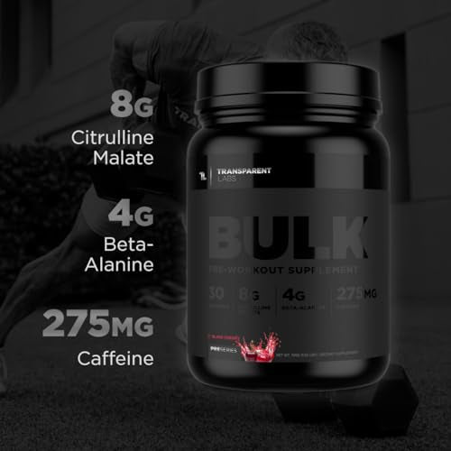 Transparent Labs Bulk Black Pre Workout - Clinically Dosed, Naturally Sweetened Preworkout for Men and Women with Beta Alanine Powder, Citrulline Malate, & Caffeine- 30 Servings, Blue Raspberry