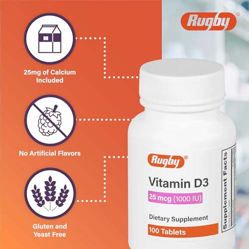 Rugby Vitamin D3, 25 mcg (1,000 IU) - Dietary Supplement - 100 Tablets (2 Pack)