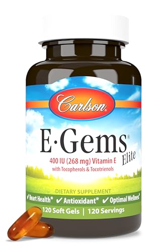 Carlson - E-Gems Elite, 400 IU (268 mg) Vitamin E with Tocopherols & Tocotrienols, Natural-Source, Vitamin E Capsules, Heart Health & Optimal Wellness, Antioxidant, Vitamin E Supplement, 120 Softgels