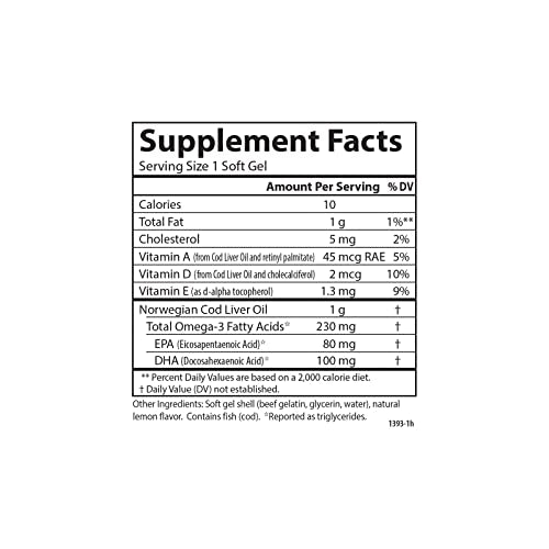 Carlson - Cod Liver Oil Gems, Low Vitamin A, 230 mg Omega-3s, Norwegian, Wild Caught, Sustainably Sourced, 300 Softgels