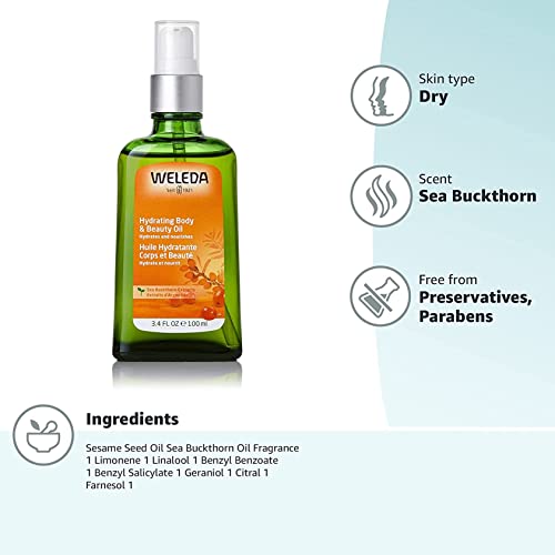 Weleda Hydrating Sea Buckthorn Body and Beauty Oil, 3.4 Fluid Ounce, Plant Rich Body and Beauty Oil with Sea Buckthorn and Sesame Oils