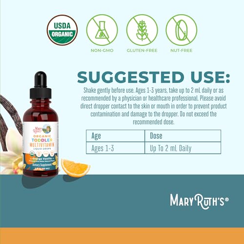 MaryRuth Organics Multivitamin & Multimineral with Iron for Toddlers | USDA Organic | Sugar Free | Multivitamin Liquid Drops for Kids Ages 1-3 | Immune Support | Vegan | Non-GMO | 2 Fl Oz