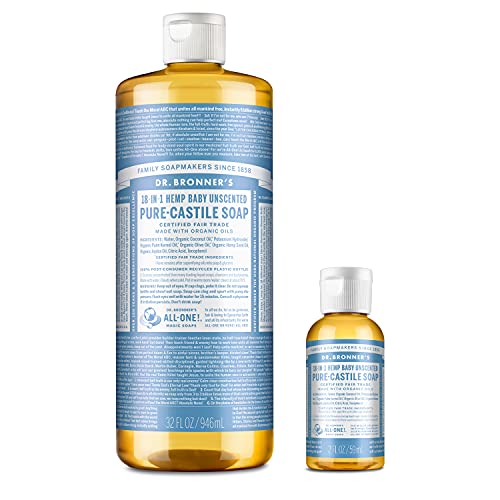 Dr. Bronner's Pure-Castile Liquid Soap  Baby Unscented Bundle. 32 oz. Bottle and 2 oz. Travel Bottle