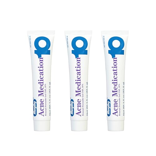 Rugby Acne Medication Benzoyl Peroxide Gel USP, 10% - Clear Up Acne Pimples - Greaseless, Vanishing Formula - 1.5 Oz (42.5g) - 3 Pack