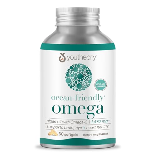 Youtheory Ocean-Friendly Omega - Vegan Algae Omega 3 Softgel - with EPA & DHA - Heart, Eye & Brain Health - Recyclable Aluminum Container - Gluten, Soy & Dairy Free - 60 Softgels