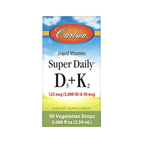 Carlson - Super Daily D3 + K2, 125 mcg (5000 IU) Vitamin D3, 90 mcg Vitamin K2 as MK-7, Bone Support, 90 Liquid Drops (2.54 mL)