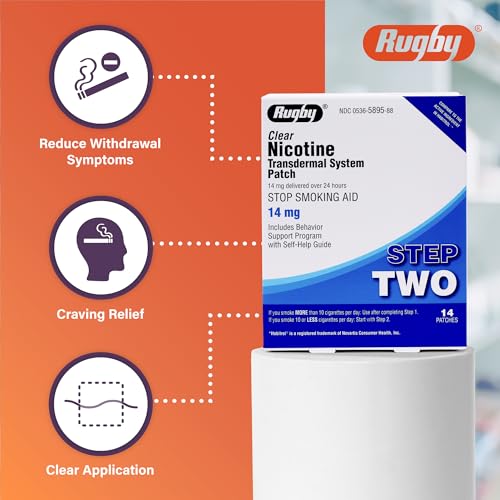 Rugby Clear Nicotine Patches - Transdermal System Patch - Smoking or Vaping Quitting Aid - Step 2-14mg - 14 Count (1 Pack)