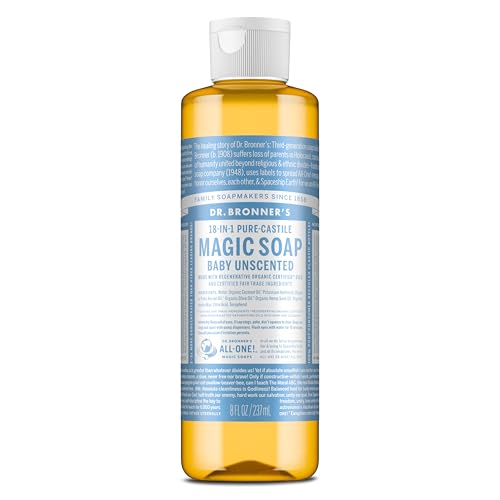 Dr. Bronner's Pure-Castile Magic Liquid Soap (Baby Unscented, 8 Ounce)- Made with Regenerative Organic Certified Oils, For Face, Body Wash, Baby Soap, Sensitive Skin, No Added Fragrance, Vegan