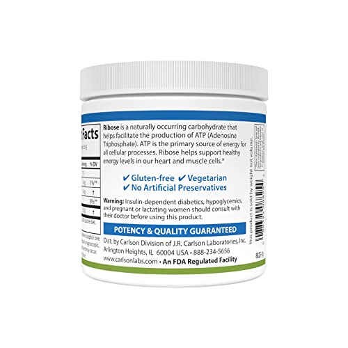Carlson - Ribose, 100% Pure D-Ribose, Non-GMO, Energy Production, Muscle Recovery & Athletic Performance, 3.53 oz (100 g)