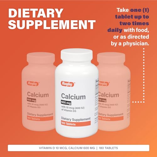 Rugby 600mg Calcium Tablets - Made with 10mcg (400IU) of Vitamin D3 - Dietary Supplement - 180 Count (1 Pack)