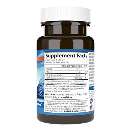 Carlson - Elite DHA Gems, 1000 mg DHA, Supports Healthy Brain Function & Vision, 30 soft gels