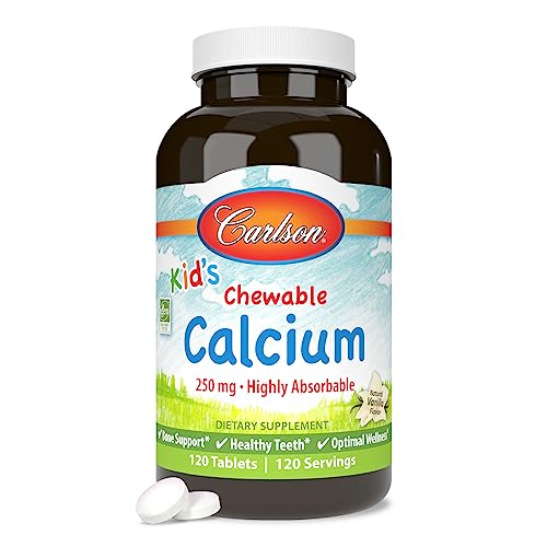 Carlson - Kid's Chewable Calcium, 250 mg, Highly Absorbable, Bone & Teeth Support, Optimal Wellness, Natural Vanilla Flavor, 120 Tablets