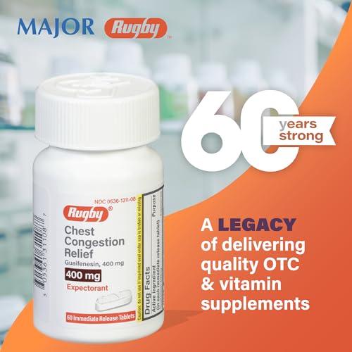 Rugby Chest Congestion Relief DM - Guaifenesin 400mg - Dextromethorphan HBr 20mg - Expectorant Cough Suppressant - 60 Immediate Release Tablets (1 Pack)