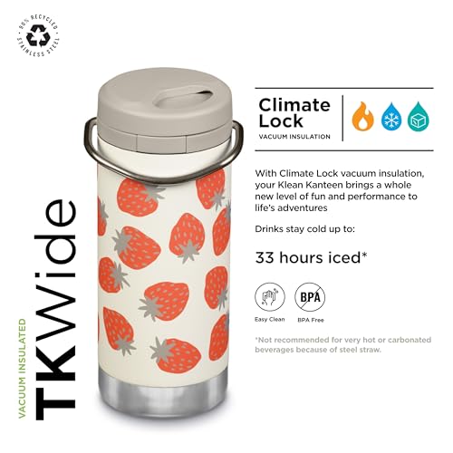 Klean Kanteen TKWide Insulated Water Bottle with Twist Cap - Portable Water Bottle with Steel Straw - Dishwasher-Safe Insulated Bottle - Strawberries, 12 oz