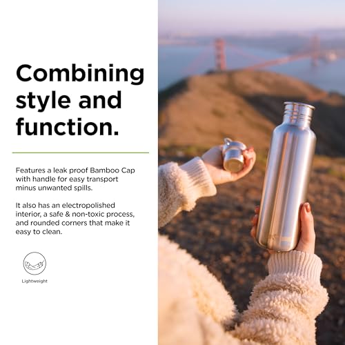 Klean Kanteen 27 oz Reflect Water Bottle with Bamboo Cap - Reusable Water Bottle - BPA-Free - Made with Stainless Steel & Food-Grade Silicone - Brushed Stainless, 27 oz