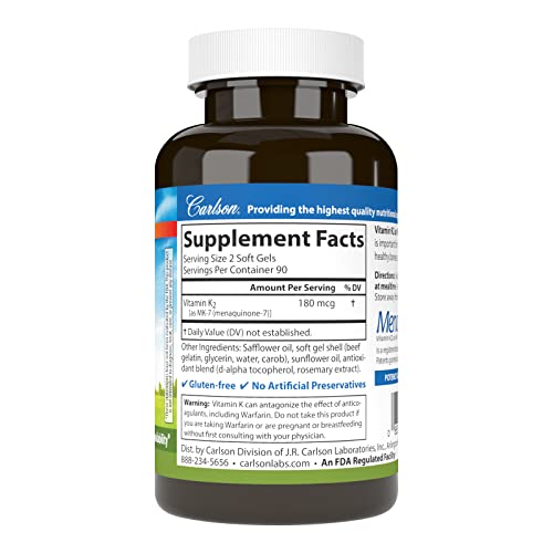 Carlson - Vitamin K2 MK-7 (Menaquinone), 180 mcg, Bone Support, Calcium Bioavailability, K2 Vitamin, Vitamin K-2, 180 Softgels