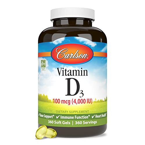Carlson - Vitamin D3 4000 IU (100 mcg), Immune Support, Bone Health, Muscle Health, Cholecalciferol, Vitamin D Supplements, Vitamin D3 Soft Gels, 360 Softgels