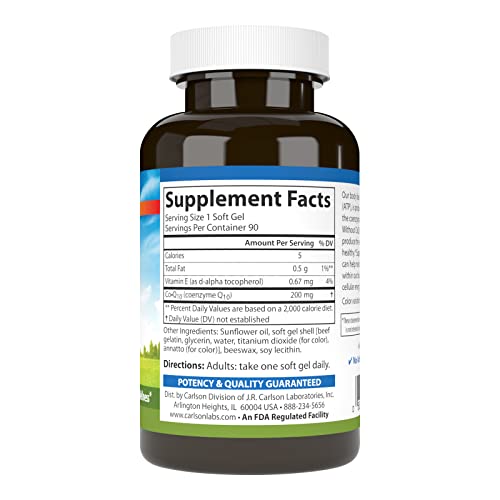 Carlson - Co-Q10, Co-Enzyme Q10, 200 mg, Energy Production & Heart Function, 90 Softgels