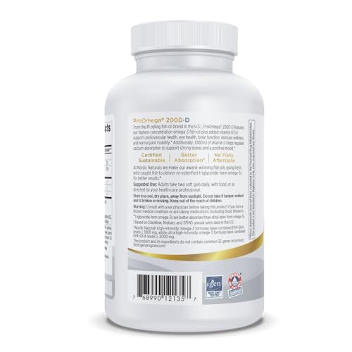 Nordic Naturals ProOmega 2000-D, Lemon Flavor - 120 Soft Gels - 2150 mg Omega-3 + 1000 IU D3 - Ultra High-Potency Fish Oil - EPA & DHA - Brain, Heart, & Immune Health - Non-GMO - 60 Servings