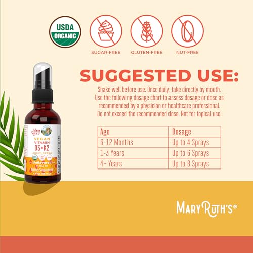 MaryRuth's Vitamin D3 | K2 | Liquid Spray | Supplement for Adults & Kids | Calcium Absorption Strong Bones | Vegan | Non-GMO | Gluten Free | 1 Fl Oz