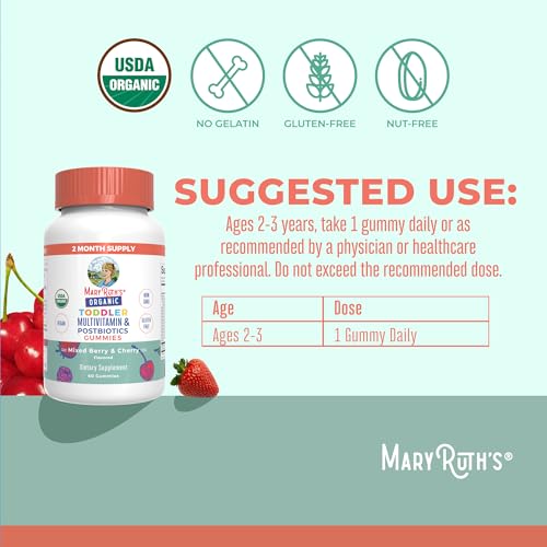 MaryRuth Organics Toddler Multivitamin Gummies + Postbiotics | USDA Organic | Vitamins for Kids Ages 2+ | Immune Support | Vitamin C | Vitamin D3 | Vitamin A | Zinc | Vegan | Non-GMO | 60 Servings