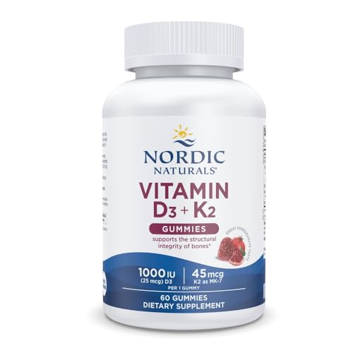 Nordic Naturals Vitamin D3 + K2 Gummies, Pomegranate - 60 Gummies - 1000 IU Vitamin D3 + 45 mcg K2 - Great Taste - Bone Health, Promotes Healthy Muscle Function - Non-GMO - 60 Servings
