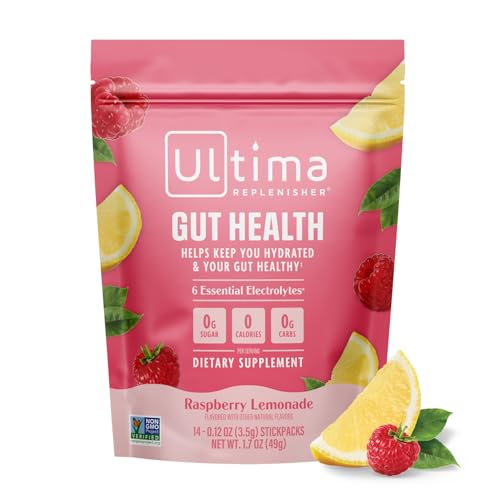Ultima Replenisher Gut Health Supplement and Electrolytes Powder - Raspberry Lemonade, 14 Stickpacks - Hydration Packets with Added Gut Health Benefits