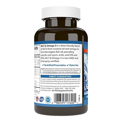 Carlson - MCT & Omega-3, Coconut Oil, Caprylic & Capric Acids, EPA & DHA, Energy Production, Fat Metabolism & Brain Health, 60 Softgels
