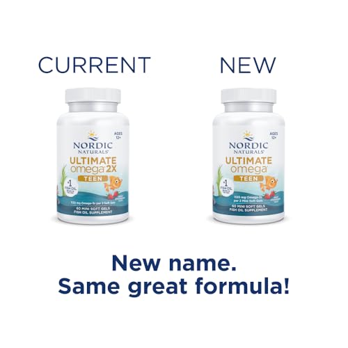 Nordic Naturals Ultimate Omega 2X Teen, Strawberry - 60 Mini Soft Gels - 1120 mg Total Omega-3s with EPA & DHA - Brain Health, Positive Mood, Social Development, Learning - Non-GMO - 30 Servings