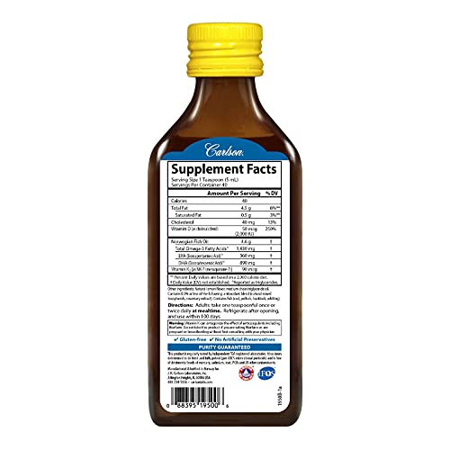 Carlson - Omega-3 + D & K, 1430 mg omega-3s, 2000 IU (50 mcg) D3, 90 mcg K2 as MK-7, Heart Health, Bone Support, Lemon, 200 mL
