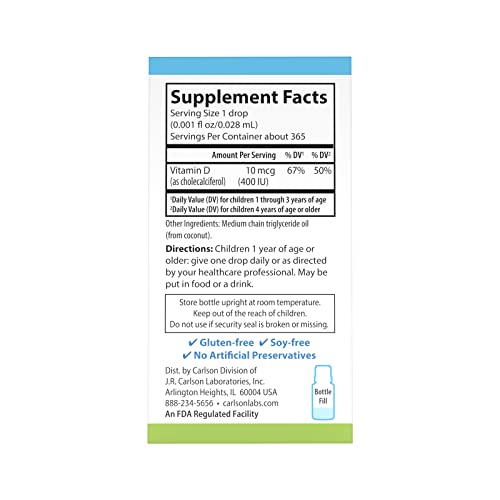 Carlson - Kid's Super Daily D3, Kids Vitamin D Drops, 600 IU (15 mcg) per Drop, Vegetarian, Liquid Vitamin D Drops for Kids, Unflavored, 90 Drops (2.54 mL)