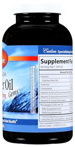 Carlson - Cod Liver Oil Gems, Super 1000 mg, 250 mg Omega-3s, 400 IU (10 mcg) Vitamin D3, Wild Caught Norwegian Arctic Cod Liver Oil, Nordic Fish Oil Capsules, 250 Softgels