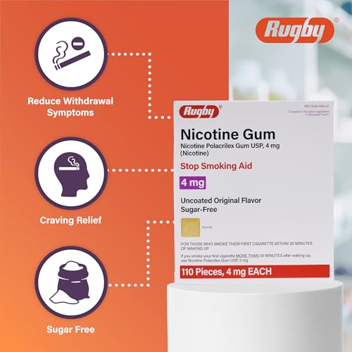 Rugby Polacrilex 4mg Nicotine Gum - Smoking and Vaping Quitting Aid - Sugar-Free - 110 Count - Original (1 Pack)