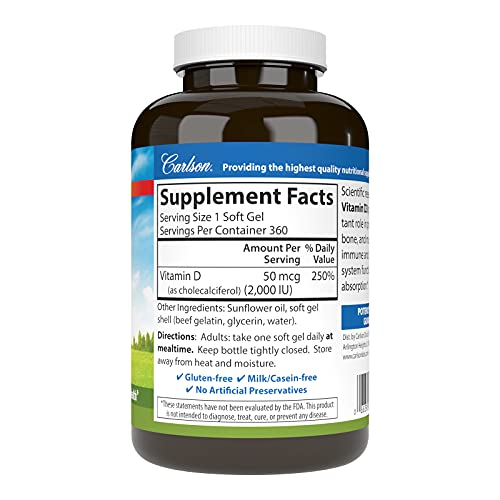 Carlson - Vitamin D3, 2000 IU (50 mcg), Bone Health, Muscle Health, Cholecalciferol, Vitamin D Supplements, Vitamin D3 Soft Gels, 360 Softgels