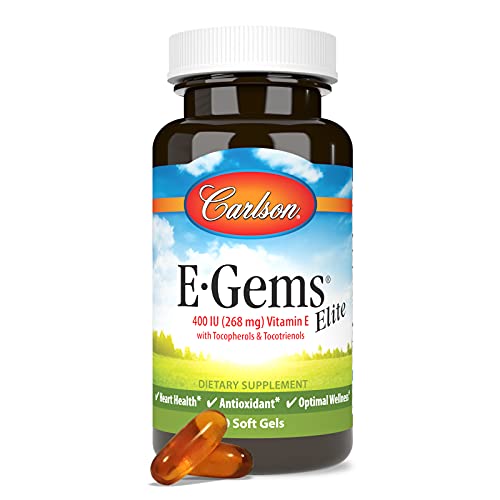 Carlson - E-Gems Elite, 400 IU Vitamin E with Tocopherols & Tocotrienols, Heart Health & Optimal Wellness, Antioxidant, 60 soft gels