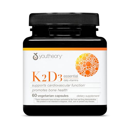 Youtheory K2D3 - Bone & Heart Health Support* - Combines Vitamin D3 & Vitamin K2 - Dairy, Soy & Gluten Free - 60 Vegetarian Capsules