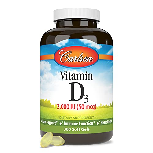 Carlson - Vitamin D3, 2000 IU (50 mcg), Bone Health, Muscle Health, Cholecalciferol, Vitamin D Supplements, Vitamin D3 Soft Gels, 360 Softgels