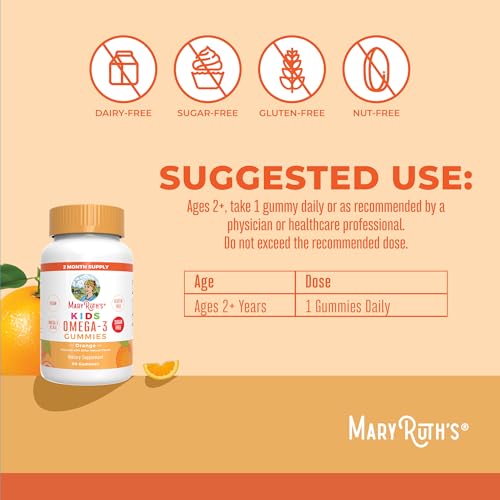 MaryRuth Organics Vegan Omega 3 Gummies for Kids 2+, 2 Month Supply, Sugar Free, Omega 3 Supplement with Vitamin C, Flaxseed Oil, Immune Support, Essential Nutrient ALA, No Fish Taste, 60 Count