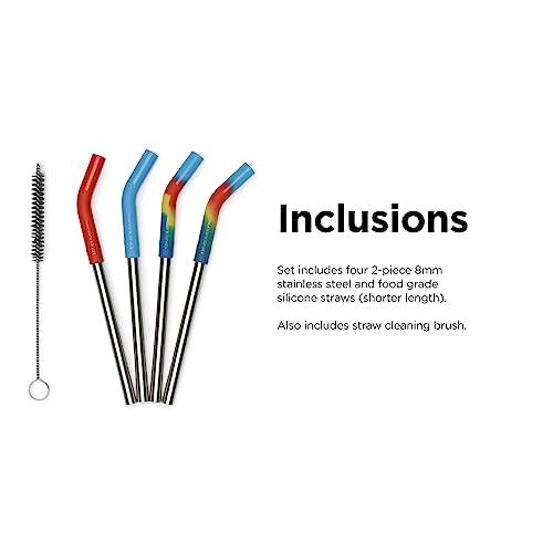 Klean Kanteen Short Recycled Stainless Steel Straw Set - Reusable Straw Set - Food Grade Silicone - Stainless Steel Straw - With Straw Cleaner Brush - 4 Pack Short Straws, Multicolor