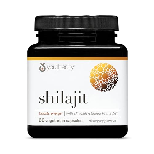 Youtheory Shilajit - 500 mg Shilajit Capsules - Energy Supplement - Shilajit Supports Stamina & Endurance - Pure Himalayan Shilajit - Gluten, Dairy & Soy Free - 60 Vegetarian Capsules