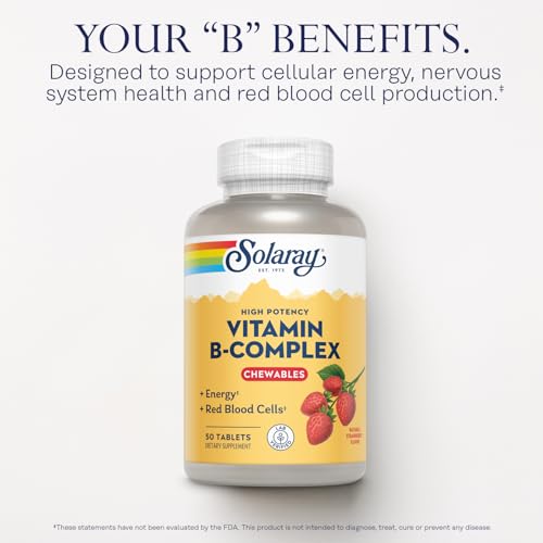 SOLARAY Vitamin B-Complex Chewables, Strawberry, Healthy Energy, Red Blood Cell, Stress & Metabolism Support, 50 Tablets