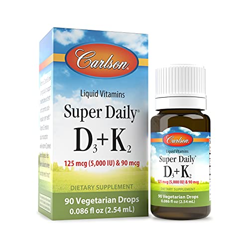Carlson - Super Daily D3 + K2, 125 mcg (5000 IU) Vitamin D3, 90 mcg Vitamin K2 as MK-7, Bone Support, 90 Liquid Drops (2.54 mL)