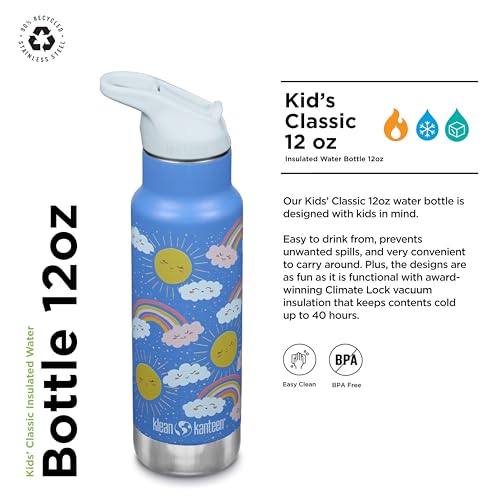 Klean Kanteen 12 oz Classic Kid's Insulated Water Bottle with Flip Seal Sport Cap - 100% Leakproof Cap - BPA-Free - Stainless Steel Material - Rainbows
