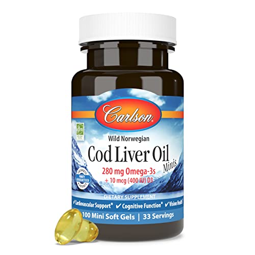 Carlson - Cod Liver Oil Minis, 280 mg Omega-3s + Vitamins A & D3, Heart Support & Cognitive Function, Vision Health, 100 Mini Softgels